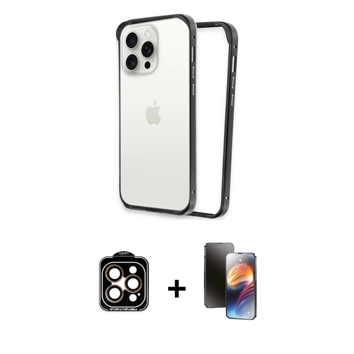 MARSİLYAN™- iPhone 15 Pro Max Kılıf Pusula Asil Koleksiyonu - Siyah 3D Antistatik Mat Seramik Nano Ekran Koruyucu + Turuncu PVD Metal Kamera Lens