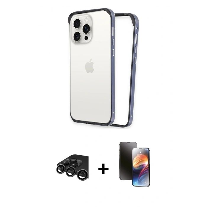 MARSİLYAN™- iPhone 15 Pro Max Kılıf Pusula Asil Koleksiyonu - Siyah 3D Antistatik Mat Seramik Nano Ekran Koruyucu + Raze Metal Kamera Lens - TMGI