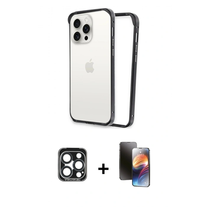 MARSİLYAN™- iPhone 15 Pro Max Kılıf Pusula Asil Koleksiyonu - Siyah 3D Antistatik Mat Seramik Nano Ekran Koruyucu + PVD Metal Kamera Lens - LT