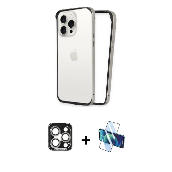 MARSİLYAN™- iPhone 15 Pro Max Kılıf Pusula Asil Koleksiyonu - Siyah 3D Antistatik Seramik Nano Ekran Koruyucu + PVD Metal Kamera Lens - GS