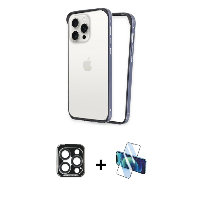 MARSİLYAN™- iPhone 15 Pro Max Kılıf Pusula Asil Koleksiyonu - Siyah 3D Antistatik Seramik Nano Ekran Koruyucu + Lacivert PVD Metal Kamera Lens
