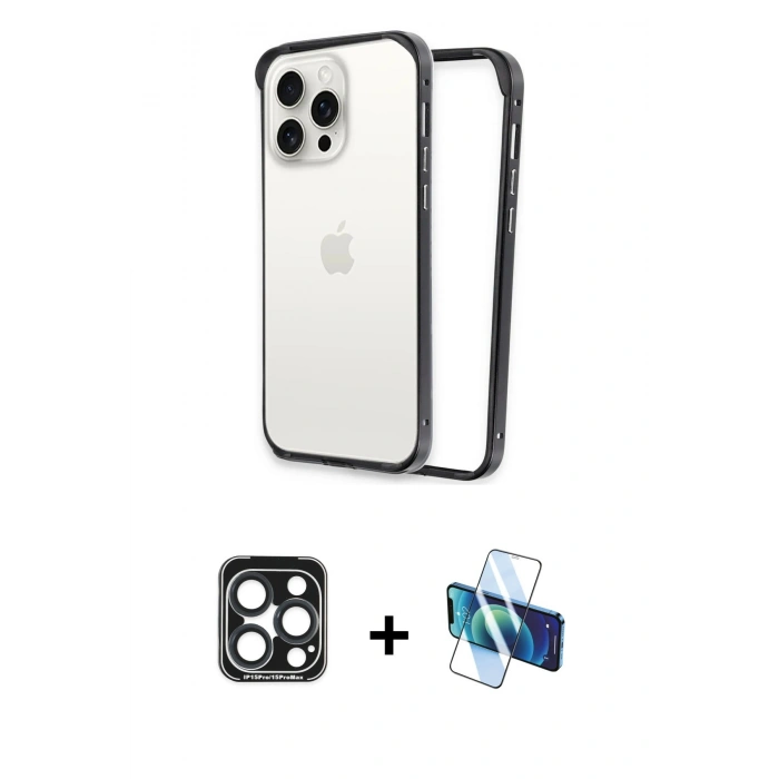 MARSİLYAN™- iPhone 15 Pro Max Kılıf Pusula Asil Koleksiyonu - Siyah 3D Antistatik Seramik Nano Ekran Koruyucu + Lacivert PVD Metal Kamera Lens