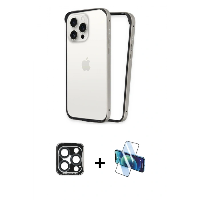 MARSİLYAN™- iPhone 15 Pro Max Kılıf Pusula Asil Koleksiyonu - Siyah 3D Antistatik Seramik Nano Ekran Koruyucu + Lacivert PVD Metal Kamera Lens