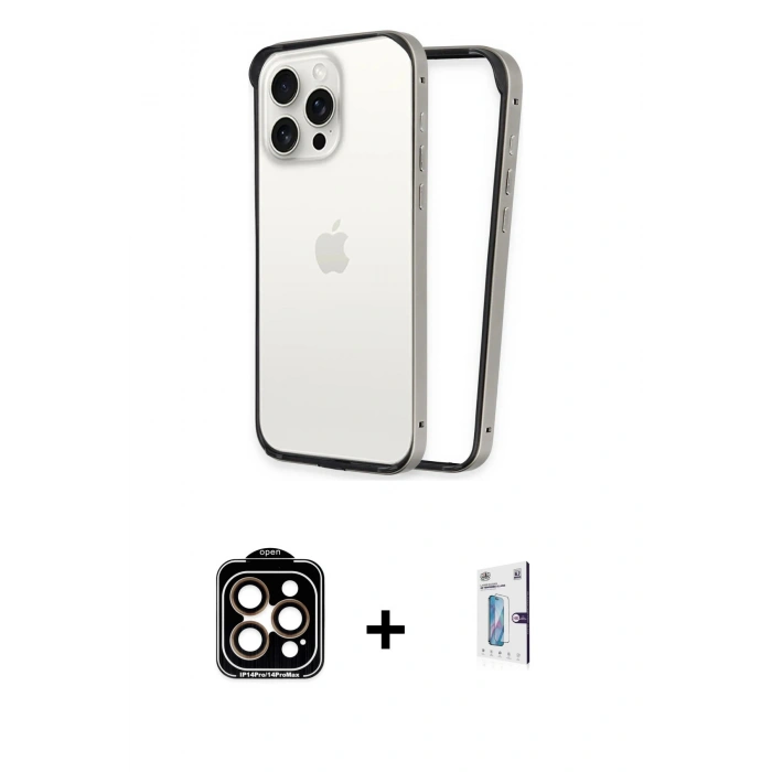 MARSİLYAN™- iPhone 15 Pro Max Kılıf Pusula Asil Koleksiyonu - Siyah Bilvis 0.18mm Plus Cam Ekran Koruyucu + PVD Metal Kamera Lens - TU