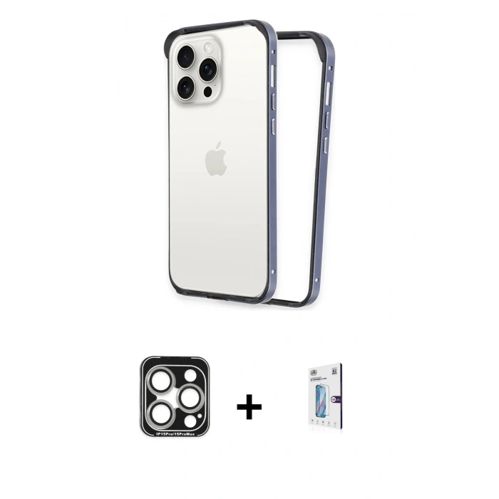 MARSİLYAN™- iPhone 15 Pro Max Kılıf Pusula Asil Koleksiyonu - Siyah Bilvis 0.18mm Plus Cam Ekran Koruyucu + PVD Metal Kamera Lens - GS