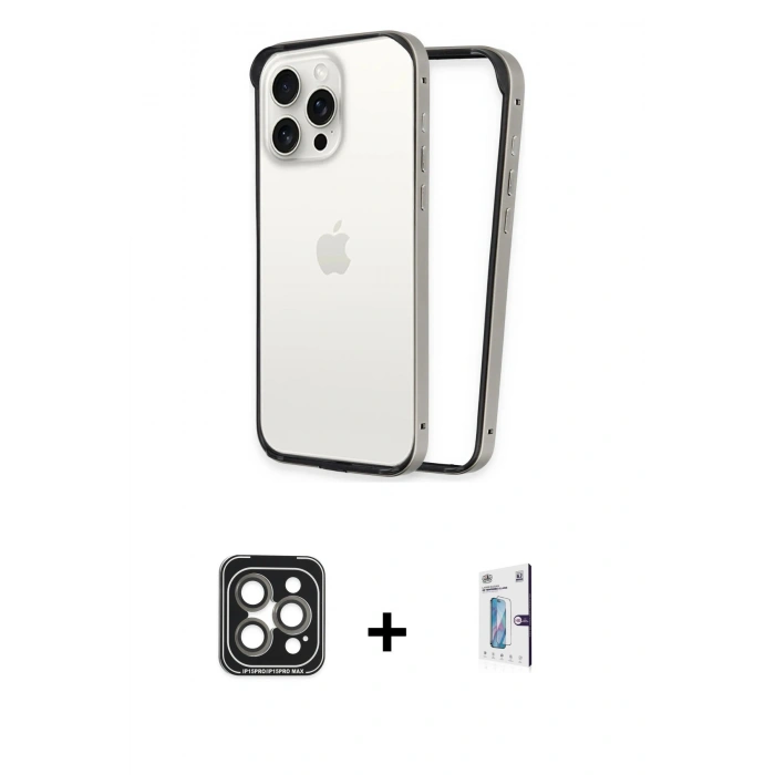 MARSİLYAN™- iPhone 15 Pro Max Kılıf Pusula Asil Koleksiyonu - Siyah Bilvis 0.18mm Plus Cam Ekran Koruyucu + PVD Metal Kamera Lens - GI