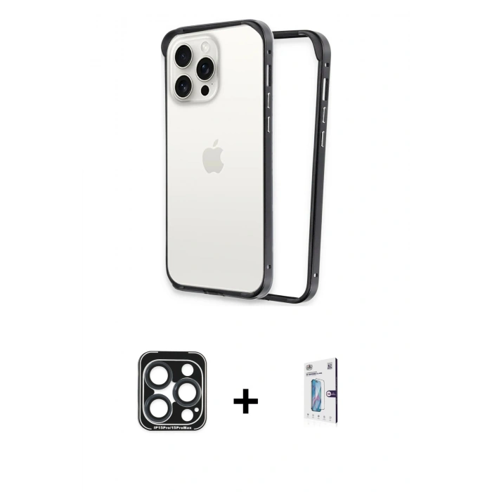 MARSİLYAN™- iPhone 15 Pro Max Kılıf Pusula Asil Koleksiyonu - Siyah Bilvis 0.18mm Plus Cam Ekran Koruyucu + PVD Metal Kamera Lens - LT