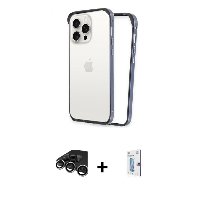 MARSİLYAN™- iPhone 15 Pro Max Kılıf Pusula Asil Koleksiyonu - Siyah Bilvis 0.18mm Plus Cam Ekran Koruyucu + Raze Metal Kamera Lens - GS