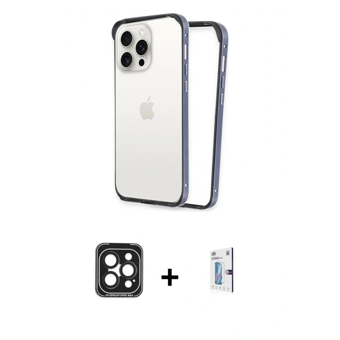 MARSİLYAN™- iPhone 15 Pro Max Kılıf Pusula Asil Koleksiyonu - Siyah Bilvis 0.18mm Plus Cam Ekran Koruyucu + PVD Metal Kamera Lens - SH