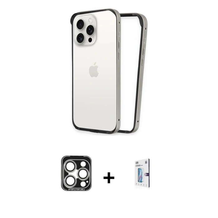 MARSİLYAN™- iPhone 15 Pro Max Kılıf Pusula Asil Koleksiyonu - Siyah Bilvis 0.18mm Plus Cam Ekran Koruyucu + PVD Metal Kamera Lens - GS