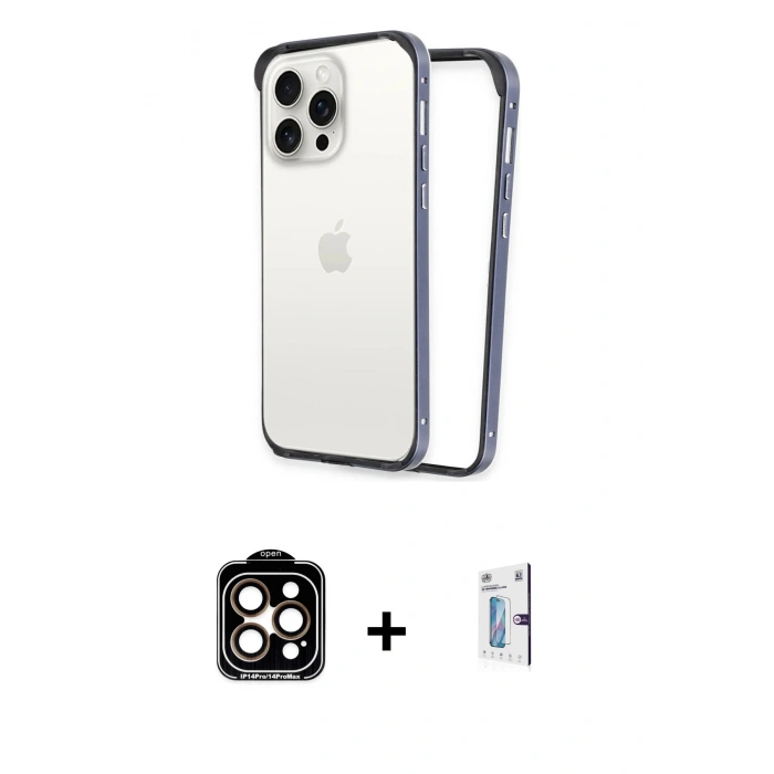 MARSİLYAN™- iPhone 15 Pro Max Kılıf Pusula Asil Koleksiyonu - Siyah Bilvis 0.18mm Plus Cam Ekran Koruyucu + PVD Metal Kamera Lens - TU