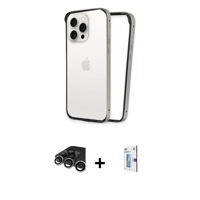 MARSİLYAN™- iPhone 15 Pro Max Kılıf Pusula Asil Koleksiyonu - Siyah Bilvis 0.18mm Plus Cam Ekran Koruyucu + Raze Metal Kamera Lens - GS