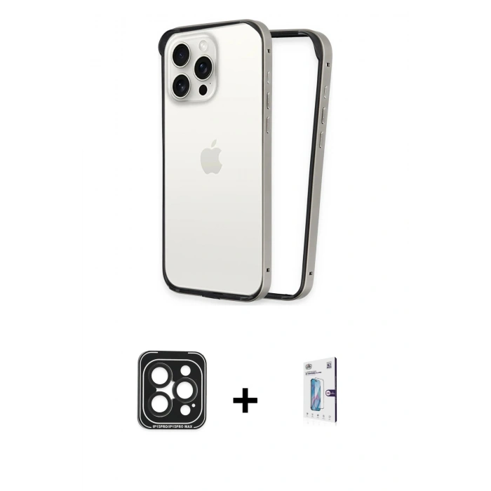 MARSİLYAN™- iPhone 15 Pro Max Kılıf Pusula Asil Koleksiyonu - Siyah Bilvis 0.18mm Plus Cam Ekran Koruyucu + PVD Metal Kamera Lens - SH