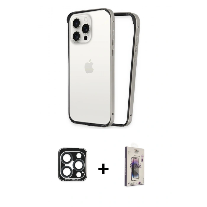 MARSİLYAN™- iPhone 15 Pro Max Kılıf Pusula Asil Koleksiyonu - Siyah Bilvis 3D Cam Ekran Koruyucu + PVD Metal Kamera Lens - LT