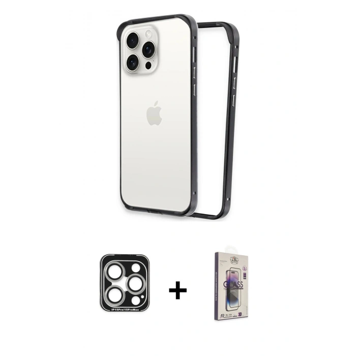 MARSİLYAN™- iPhone 15 Pro Max Kılıf Pusula Asil Koleksiyonu - Siyah Bilvis 3D Cam Ekran Koruyucu + PVD Metal Kamera Lens - GS