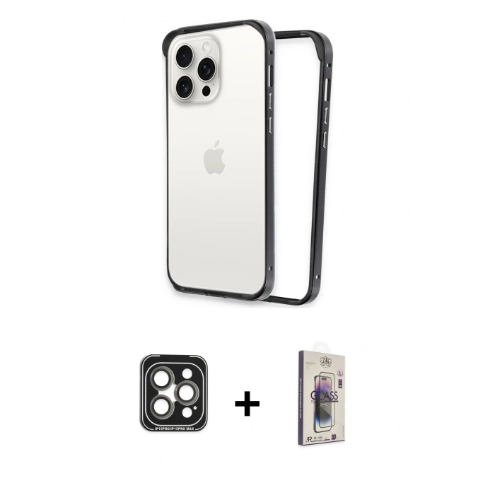 MARSİLYAN™- iPhone 15 Pro Max Kılıf Pusula Asil Koleksiyonu - Siyah Bilvis 3D Cam Ekran Koruyucu + PVD Metal Kamera Lens - GI