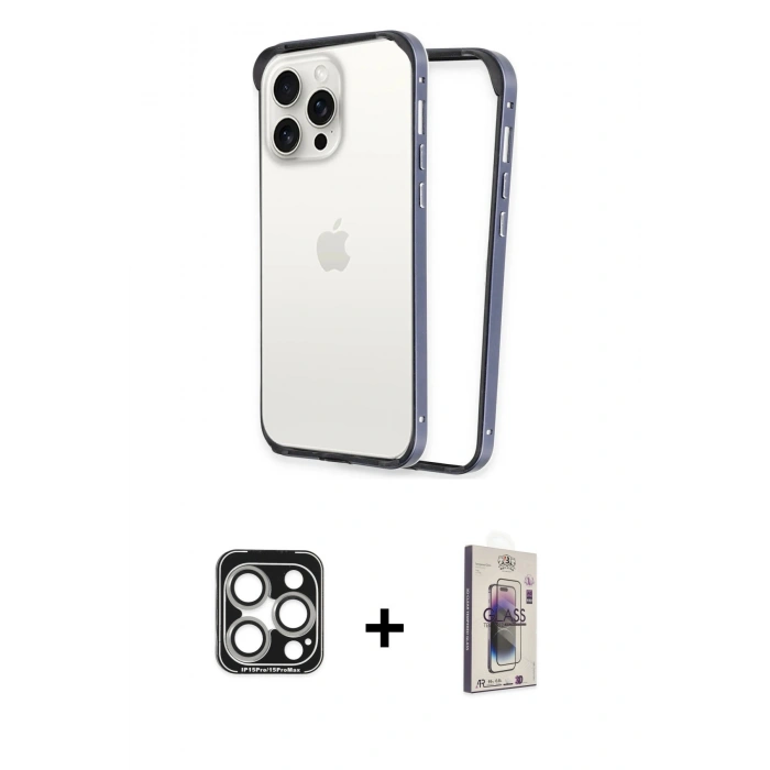 MARSİLYAN™- iPhone 15 Pro Max Kılıf Pusula Asil Koleksiyonu - Siyah Bilvis 3D Cam Ekran Koruyucu + PVD Metal Kamera Lens - GS