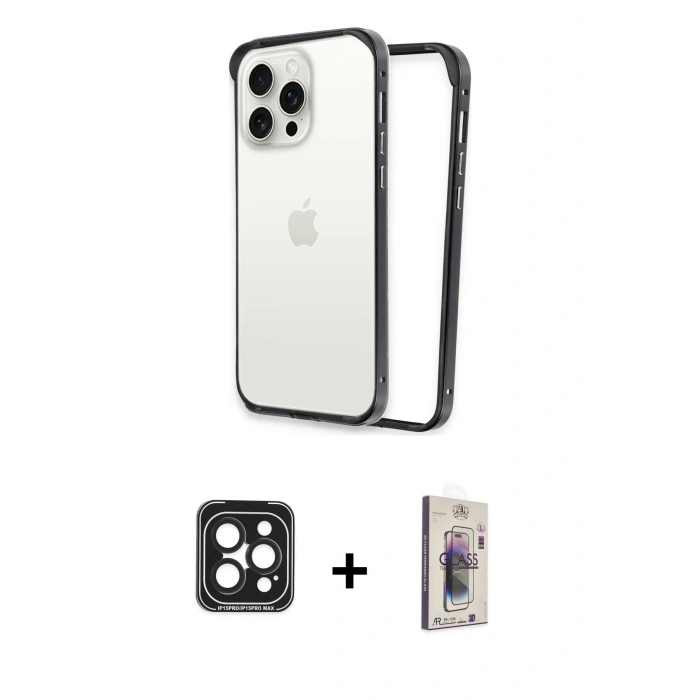 MARSİLYAN™- iPhone 15 Pro Max Kılıf Pusula Asil Koleksiyonu - Siyah Bilvis 3D Cam Ekran Koruyucu + PVD Metal Kamera Lens - SH
