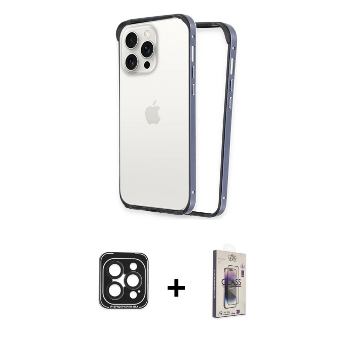 MARSİLYAN™- iPhone 15 Pro Max Kılıf Pusula Asil Koleksiyonu - Siyah Bilvis 3D Cam Ekran Koruyucu + PVD Metal Kamera Lens - SH