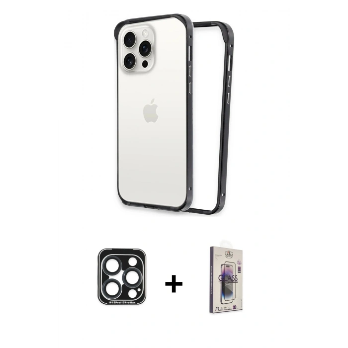 MARSİLYAN™- iPhone 15 Pro Max Kılıf Pusula Asil Koleksiyonu - Siyah Bilvis 3D Cam Ekran Koruyucu + PVD Metal Kamera Lens - LT
