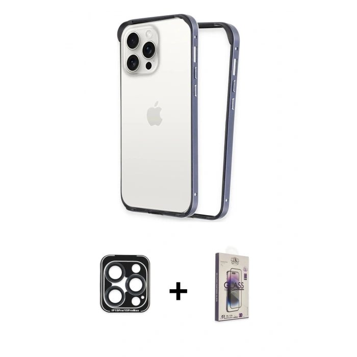 MARSİLYAN™- iPhone 15 Pro Max Kılıf Pusula Asil Koleksiyonu - Siyah Bilvis 3D Cam Ekran Koruyucu + PVD Metal Kamera Lens - LT