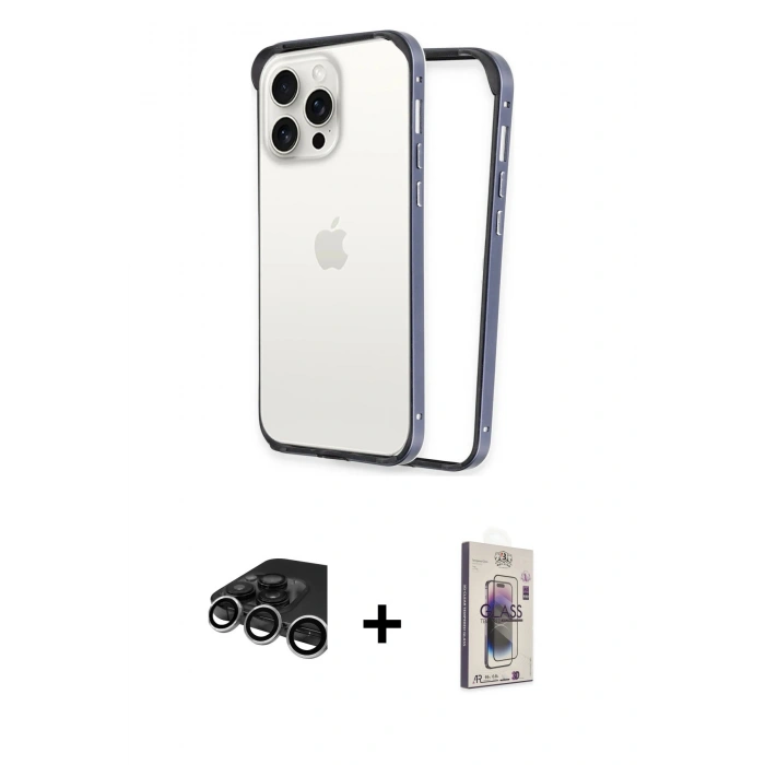 MARSİLYAN™- iPhone 15 Pro Max Kılıf Pusula Asil Koleksiyonu - Siyah Bilvis 3D Cam Ekran Koruyucu + Raze Metal Kamera Lens - GS