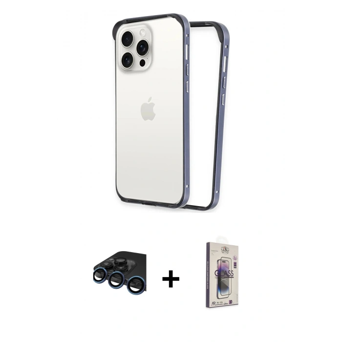 MARSİLYAN™- iPhone 15 Pro Max Kılıf Pusula Asil Koleksiyonu - Siyah Bilvis 3D Cam Ekran Koruyucu + Raze Metal Kamera Lens - LT