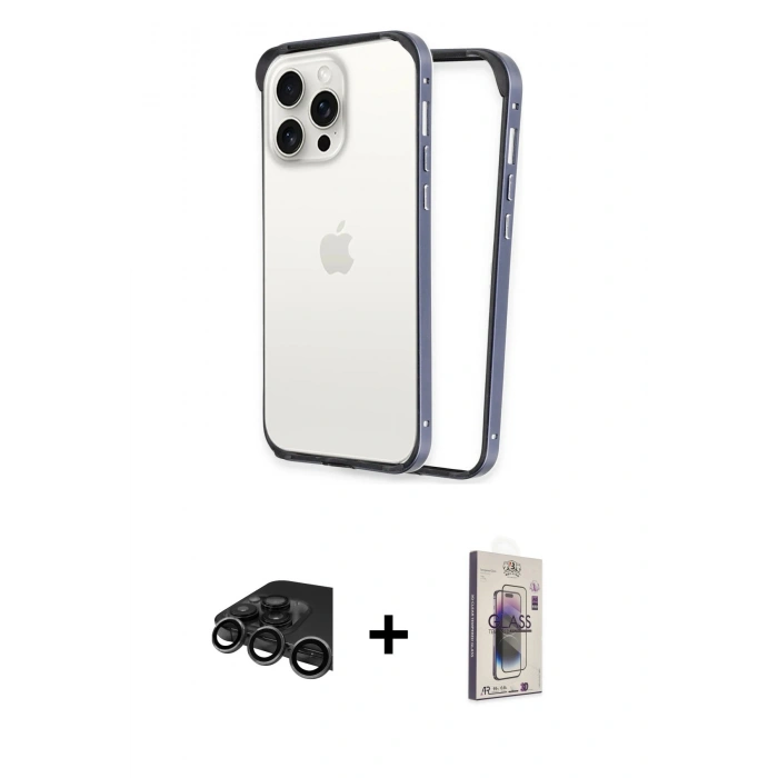 MARSİLYAN™- iPhone 15 Pro Max Kılıf Pusula Asil Koleksiyonu - Siyah Bilvis 3D Cam Ekran Koruyucu + Raze Metal Kamera Lens - TMGI