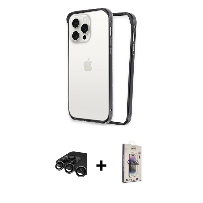 MARSİLYAN™- iPhone 15 Pro Max Kılıf Pusula Asil Koleksiyonu - Siyah Bilvis 3D Cam Ekran Koruyucu + Raze Metal Kamera Lens - TMGI