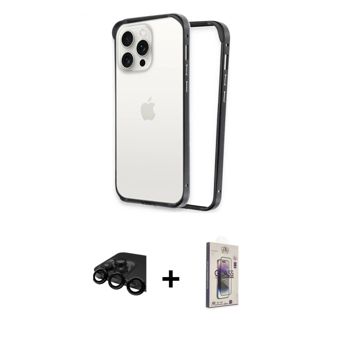 MARSİLYAN™- iPhone 15 Pro Max Kılıf Pusula Asil Koleksiyonu - Siyah Bilvis 3D Cam Ekran Koruyucu + Raze Metal Kamera Lens - SH
