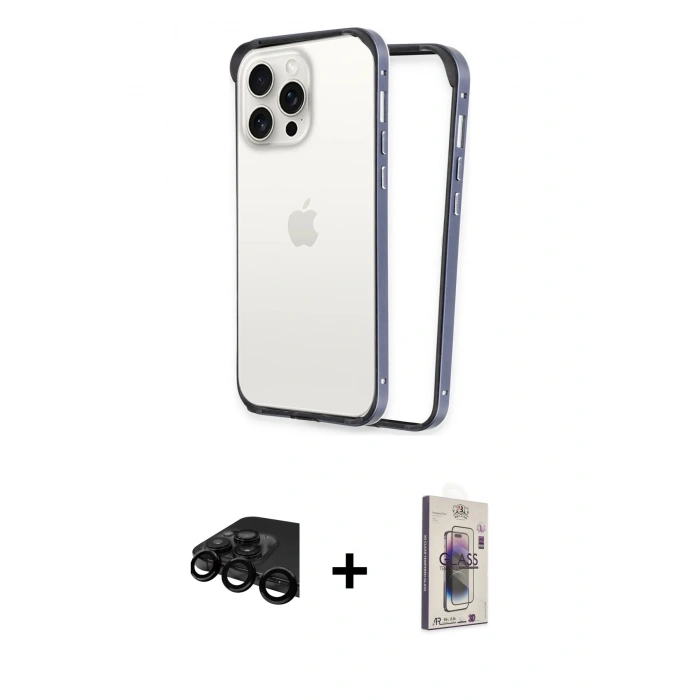 MARSİLYAN™- iPhone 15 Pro Max Kılıf Pusula Asil Koleksiyonu - Siyah Bilvis 3D Cam Ekran Koruyucu + Raze Metal Kamera Lens - SH