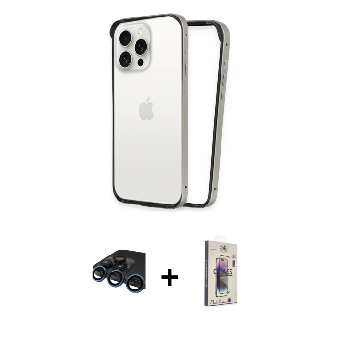 MARSİLYAN™- iPhone 15 Pro Max Kılıf Pusula Asil Koleksiyonu - Siyah Bilvis 3D Cam Ekran Koruyucu + Raze Metal Kamera Lens - LT