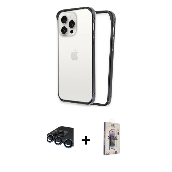 MARSİLYAN™- iPhone 15 Pro Max Kılıf Pusula Asil Koleksiyonu - Siyah Bilvis 3D Cam Ekran Koruyucu + Raze Metal Kamera Lens - LT