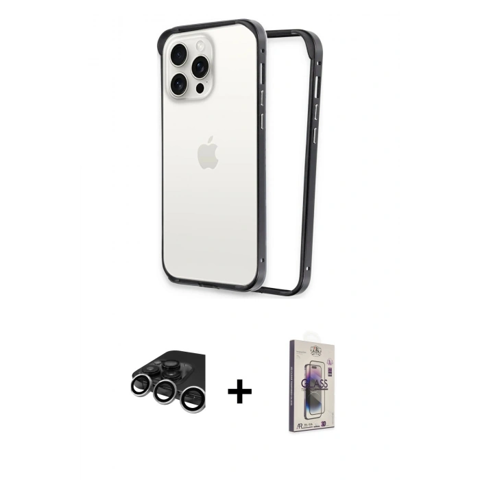 MARSİLYAN™- iPhone 15 Pro Max Kılıf Pusula Asil Koleksiyonu - Siyah Bilvis 3D Cam Ekran Koruyucu + Raze Metal Kamera Lens - GS