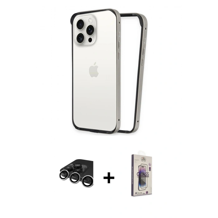 MARSİLYAN™- iPhone 15 Pro Max Kılıf Pusula Asil Koleksiyonu - Siyah Bilvis 3D Cam Ekran Koruyucu + Raze Metal Kamera Lens - GS