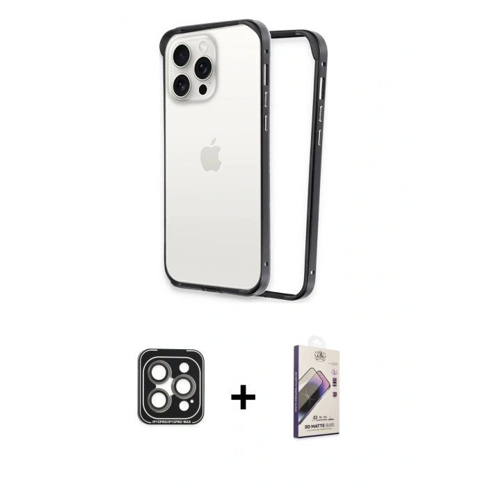 MARSİLYAN™- iPhone 15 Pro Max Kılıf Pusula Asil Koleksiyonu - Siyah Bilvis 3D Mat Cam Ekran Koruyucu + PVD Metal Kamera Lens - GI