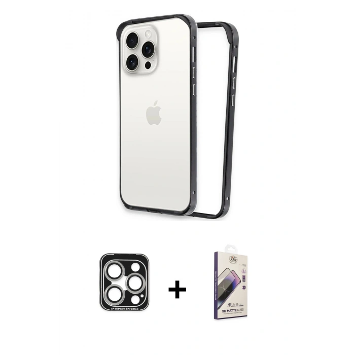 MARSİLYAN™- iPhone 15 Pro Max Kılıf Pusula Asil Koleksiyonu - Siyah Bilvis 3D Mat Cam Ekran Koruyucu + PVD Metal Kamera Lens - GS