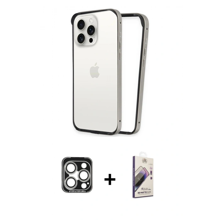 MARSİLYAN™- iPhone 15 Pro Max Kılıf Pusula Asil Koleksiyonu - Siyah Bilvis 3D Mat Cam Ekran Koruyucu + PVD Metal Kamera Lens - GS