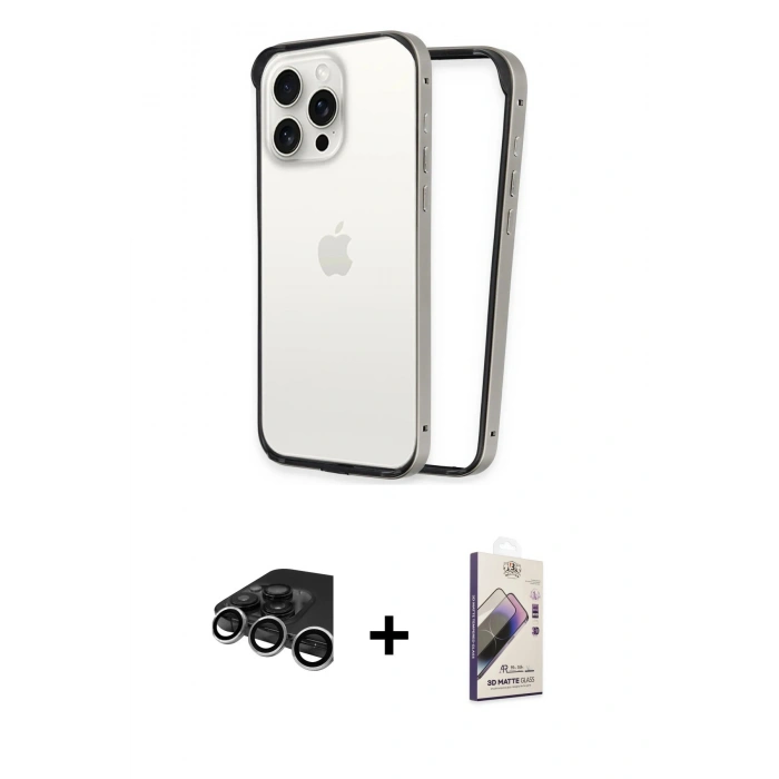 MARSİLYAN™- iPhone 15 Pro Max Kılıf Pusula Asil Koleksiyonu - Siyah Bilvis 3D Mat Cam Ekran Koruyucu + Gümüş Raze Metal Kamera Lens