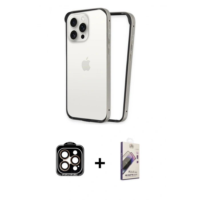 MARSİLYAN™- iPhone 15 Pro Max Kılıf Pusula Asil Koleksiyonu - Siyah Bilvis 3D Mat Cam Ekran Koruyucu + PVD Metal Kamera Lens - TU