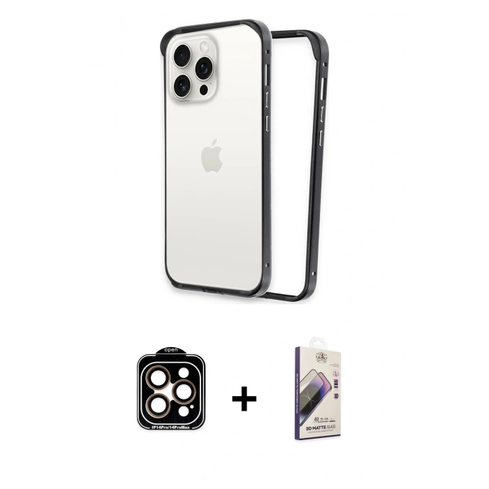 MARSİLYAN™- iPhone 15 Pro Max Kılıf Pusula Asil Koleksiyonu - Siyah Bilvis 3D Mat Cam Ekran Koruyucu + PVD Metal Kamera Lens - TU