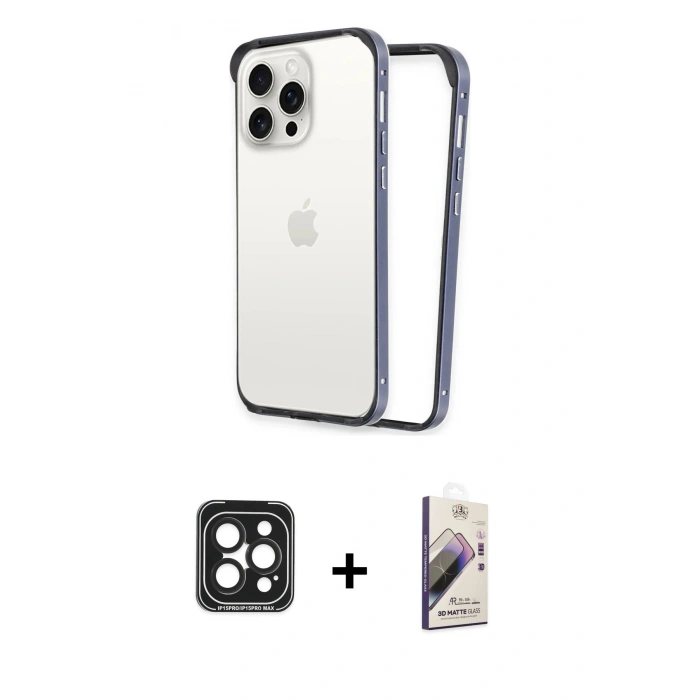MARSİLYAN™- iPhone 15 Pro Max Kılıf Pusula Asil Koleksiyonu - Siyah Bilvis 3D Mat Cam Ekran Koruyucu + Siyah PVD Metal Kamera Lens