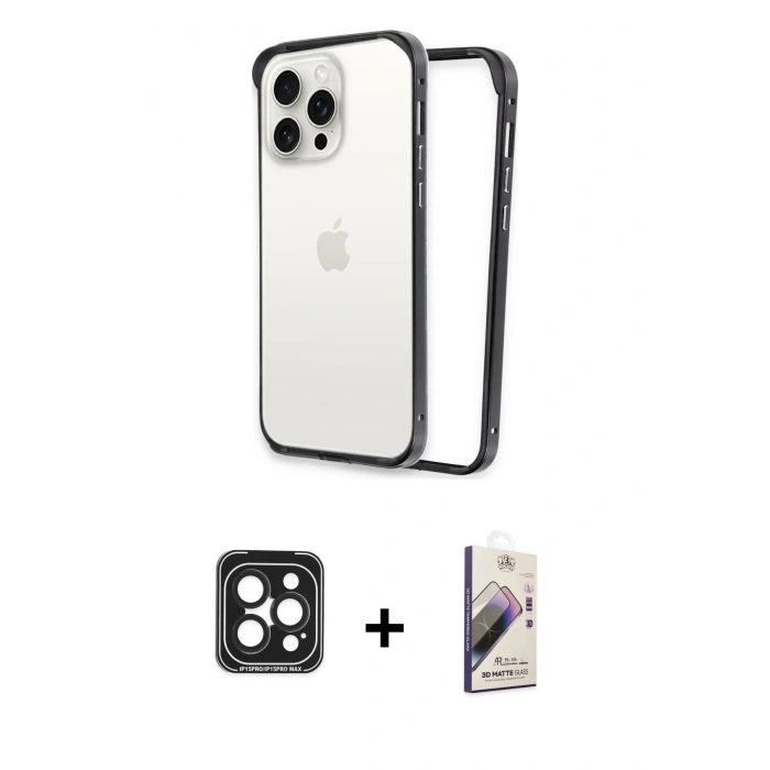 MARSİLYAN™- iPhone 15 Pro Max Kılıf Pusula Asil Koleksiyonu - Siyah Bilvis 3D Mat Cam Ekran Koruyucu + Siyah PVD Metal Kamera Lens