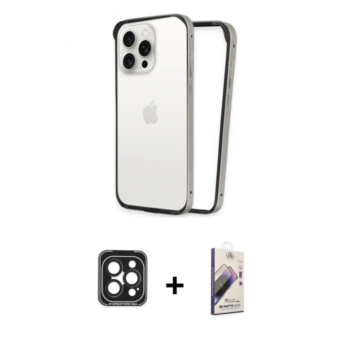 MARSİLYAN™- iPhone 15 Pro Max Kılıf Pusula Asil Koleksiyonu - Siyah Bilvis 3D Mat Cam Ekran Koruyucu + Siyah PVD Metal Kamera Lens