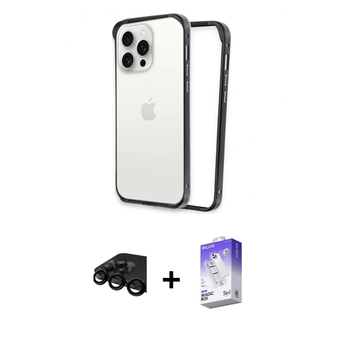 MARSİLYAN™- iPhone 15 Pro Max Kılıf Pusula Asil Koleksiyonu - Siyah Bilvis 5in1 3D Magic Cam Ekran Koruyucu + Raze Metal Kamera Lens - SH