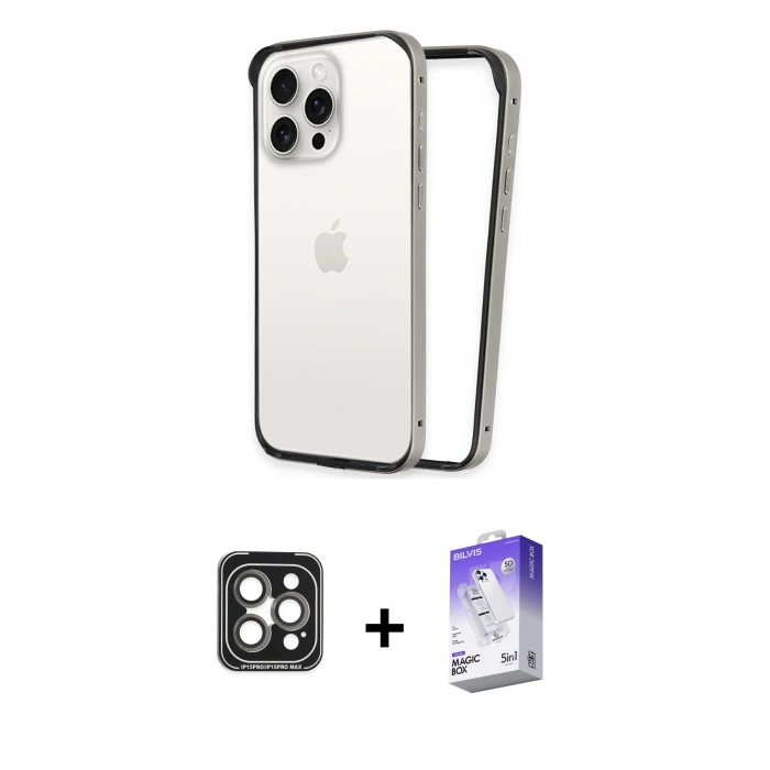 MARSİLYAN™- iPhone 15 Pro Max Kılıf Pusula Asil Koleksiyonu - Siyah Bilvis 5in1 3D Magic Cam Ekran Koruyucu + PVD Metal Kamera Lens - GI