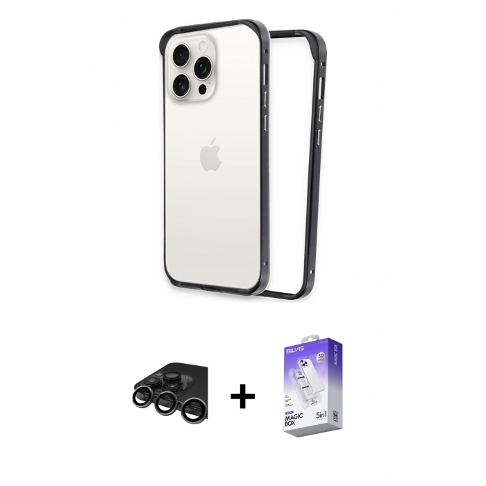 MARSİLYAN™- iPhone 15 Pro Max Kılıf Pusula Asil Koleksiyonu - Siyah Bilvis 5in1 3D Magic Cam Ekran Koruyucu + Raze Metal Kamera Lens - TMGI