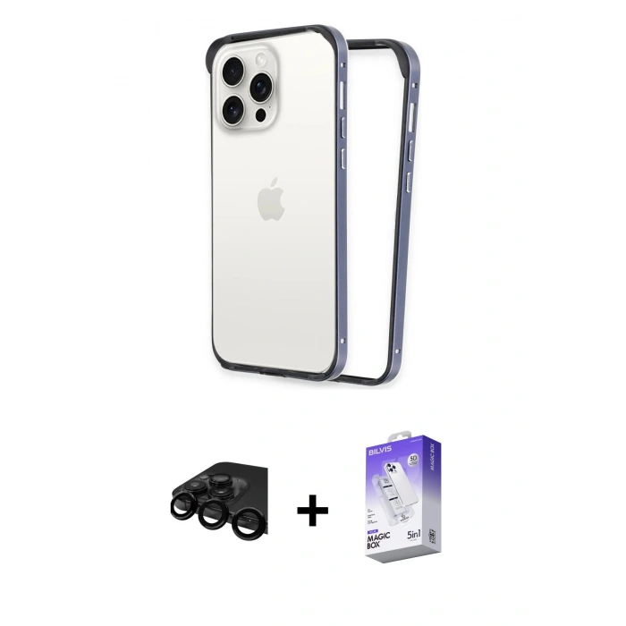 MARSİLYAN™- iPhone 15 Pro Max Kılıf Pusula Asil Koleksiyonu - Siyah Bilvis 5in1 3D Magic Cam Ekran Koruyucu + Raze Metal Kamera Lens - SH