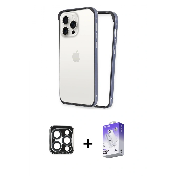 MARSİLYAN™- iPhone 15 Pro Max Kılıf Pusula Asil Koleksiyonu - Siyah Bilvis 5in1 3D Magic Cam Ekran Koruyucu + PVD Metal Kamera Lens - LT
