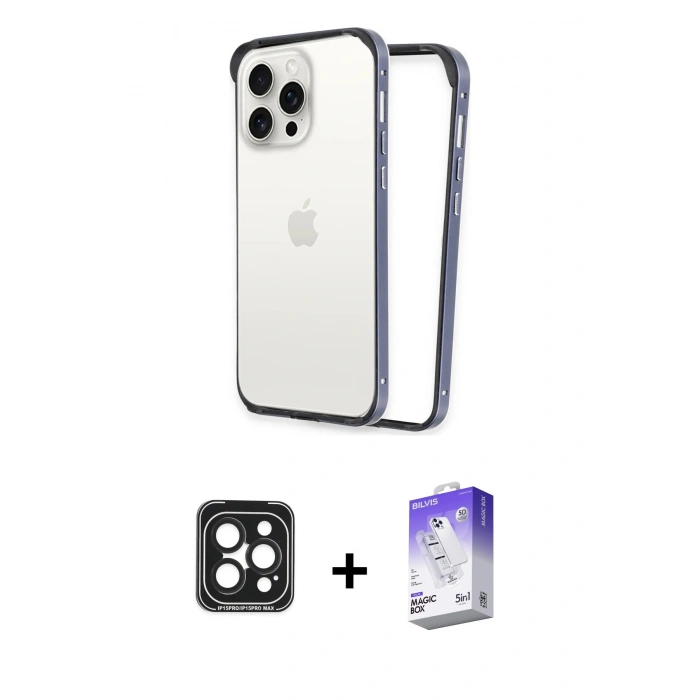 MARSİLYAN™- iPhone 15 Pro Max Kılıf Pusula Asil Koleksiyonu - Siyah Bilvis 5in1 3D Magic Cam Ekran Koruyucu + PVD Metal Kamera Lens - SH